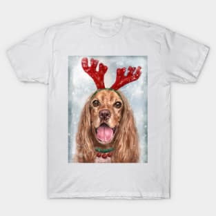 Painting of a Smiling Cocker Spaniel with a Reindeer Headpiece Antlers Costume in the Snow T-Shirt